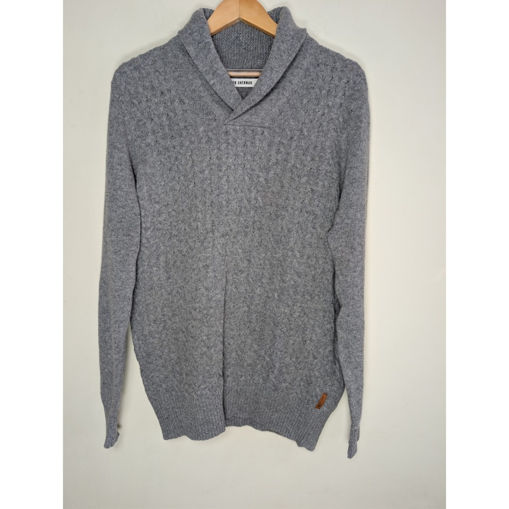 Ben Sherman Men Wool Blend Cable Knit Sweater Size L Shawl Collar Gray Career